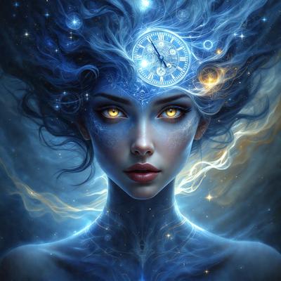 The primary subject of the image is a woman with a clock on her head. The setting is a blue background, and the visual style is digital art. The woman has a blue and white color scheme, and the overall atmosphere is surreal and artistic.